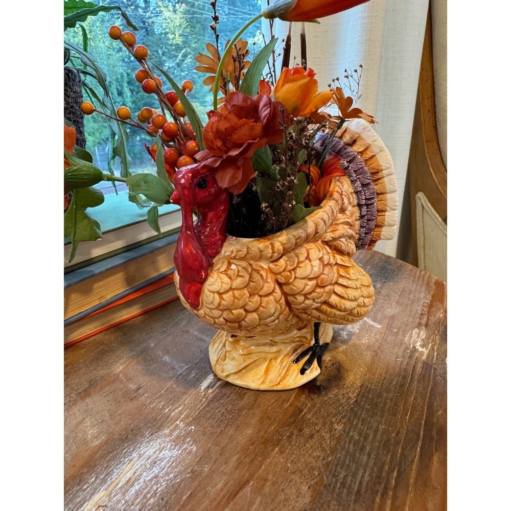 Vintage Lefton Ceramic Turkey Planter Thanksgiving Decor Hand Painted Japan